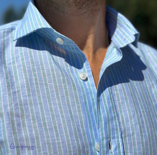 Green Stripes Blue Linen Shirt