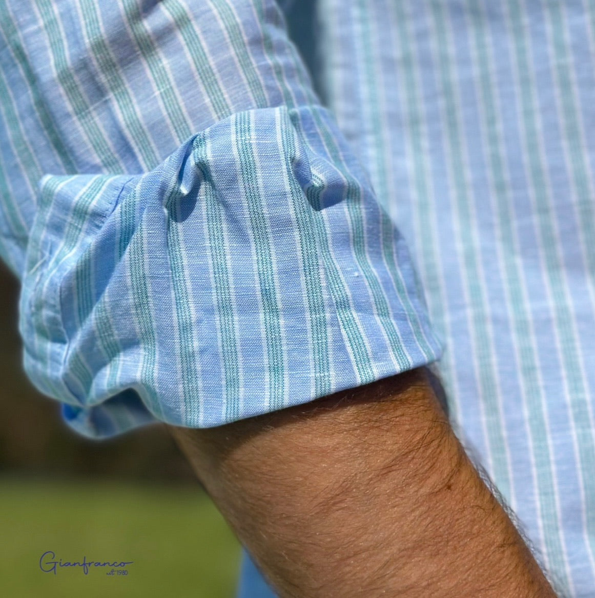 Green Stripes Blue Linen Shirt