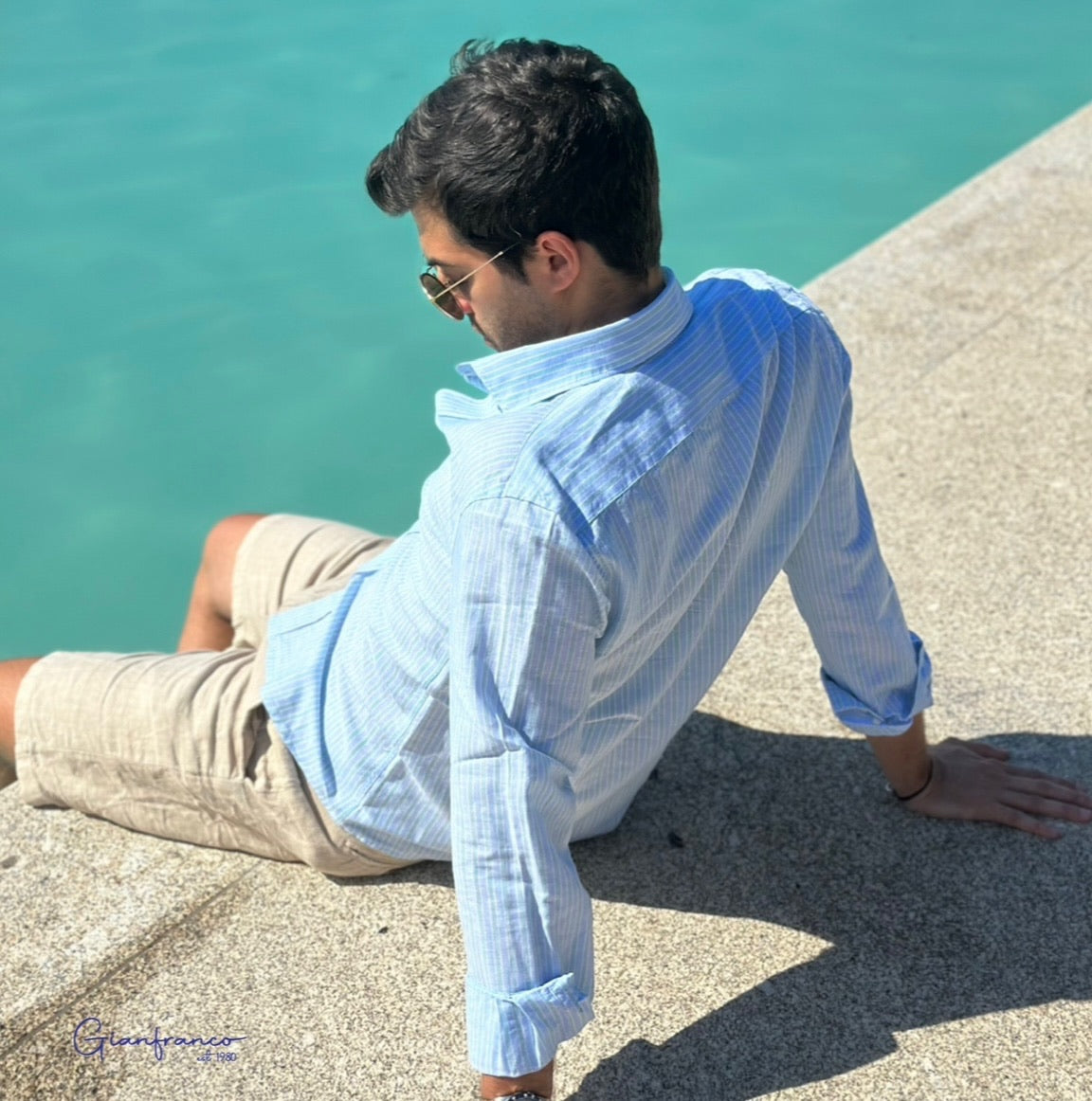 Green Stripes Blue Linen Shirt